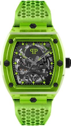 Philipp Plein Accessoires, Heren, Groen, ONE Size, Nylon, Automatisch herenhorloge The $keleton Crystal