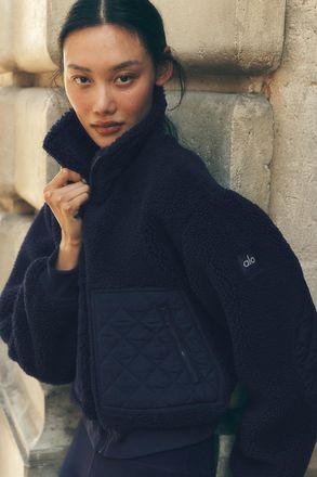 Alo | Sherpa Edge Bomber Jacket in Navy, Size: Medium