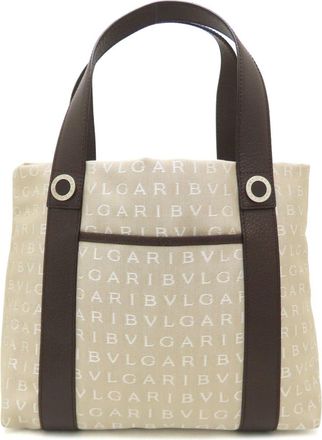 Bulgari Logomania Beige Brown Canvas Leather Handbag Pouch Tote Bag (Pre-Owned)