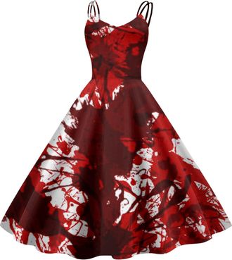 Generic Im Fine Bloody Halloween Costume Blood Wound Womens Dresses Women 50s 60s Vintage Bat Sleeveless V Neck Cocktail Party Dress Audrey Hepburn Spaghetti 
