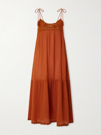 Ulla Johnson Abito Midi In Cotone Con Finiture Crochet E Nappine Linea - Arancione