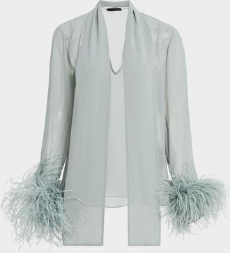 Sally Lapointe Lightweight Georgette Scarf Top With Feathers