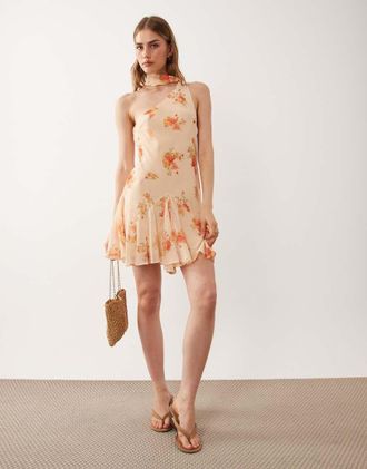 Asos Vestito corto monospalla con foulard a fiori arancioni-Multi