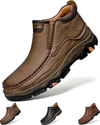 Generic Men Slip on Loafers, Waterproof Leather Hiking Boots, Work Walking Shoes, Causal Comfortable Outdoor Sneakers, Lightweight,Breathable Khaki 10.5