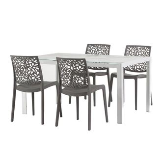 Siediti Fuori e Dentro Conjunto comedor 4 personas: mesa blanco/m&aacute;rmol, sillas gris oscuro
