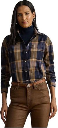 Lauren Ralph Lauren Relaxed Fit Plaid Cotton Twill Shirt Womens Clothing Blue/Tan : MD