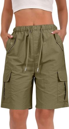 Generic Linen Shorts for Women Cargo Shorts Women UK Cotton Loose Fit Bermuda Shorts with Multi Pockets Summer Drawstring Elasticated Waist Half Pants for Out