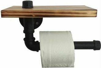 OEM Soporte Para Papel Higi&eacute;nico - Soporte De Tubo Met&aacute;lico De Dise&ntilde;o Retro Con Estante Y Bandeja De Madera, Color Negro - 20 X 15 Cm