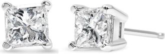 House of Brilliance AGS Certified 14k White Gold 1.0 Cttw 4-Prong Set Princess-Cut Solitaire Diamond Push Back Stud Earrings for Women (E-F Color, I1-I2 Clarity)