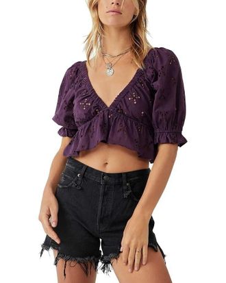 Free People Gardenia Crop Top Womens Moonscape Eyelet Ruffled Trim JDM615