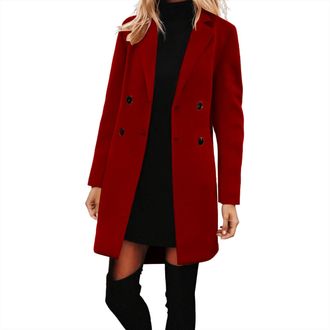 Generic Womens Pea Coats Mid-Length Double Breasted Long Wool Coat Longline Casual Blazers Lapel Collar Winter Jackets Ladies Elegant Work Office Trench Coats