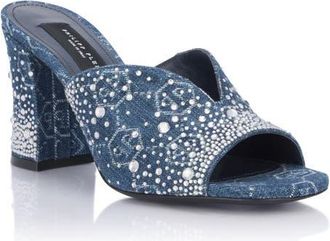 Philipp Plein Denim Mid Heels Platform Sandals Monogram Strass Women in Lightblue at Nordstrom, Size 40