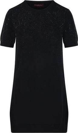 Gucci Fijne Wollen Jurk met GG Kristallen - Dames - Kleedjes - Zwart - S - Wol - Kleedjes