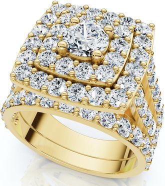 Pompeii3 3Ct Cushion Halo Diamond Engagement Wedding Ring Set Lab Grown 10k
