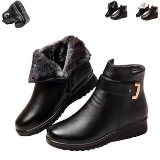 Generic Womens Metal Buckle Leather Wool Orthopedic Boots - Waterproof Winter Snow Boots with Side Zipper & Non-Slip Sole Orthopedic Ankle Boots for Women (Bl