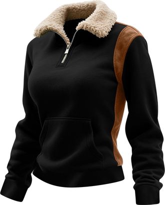 Generic Womens Half Zip Sweatshirt Warm Sherpa Fleece Lined Jumpers Fall Winter Casual Long Sleeve Pullover Thermal Tops Oversized Fuzzy Sweatshirt Loungewear