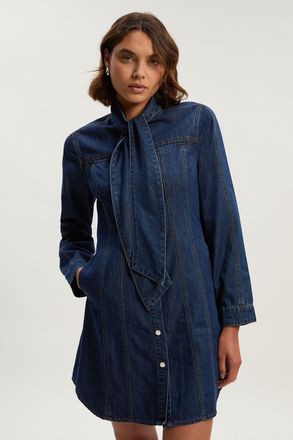 Karen Millen Womens Denim Pussy Bow Shirt Dress - Blue Cotton - Size 8 UK
