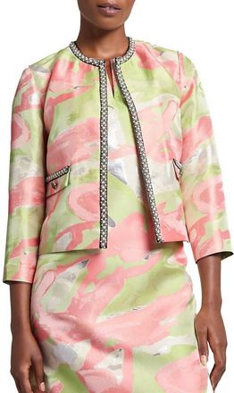 Ming Wang Printed Jacquard Round Neck 3/4 Sleeve Peral Trim Jacket In Lime/tangerine/silver Print