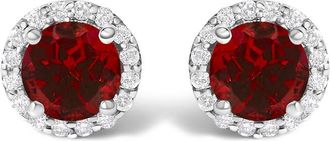 House of Brilliance 10K White Gold Red Garnet and 1/6 Cttw Diamond Halo Stud Earring