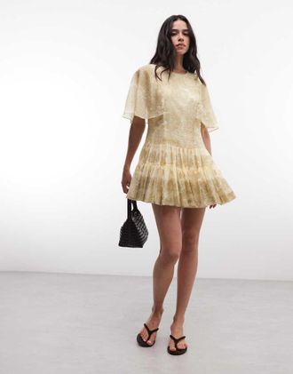 AllSaints Yanna - Vestito corto accollato a maniche corte verde a fiori con volant