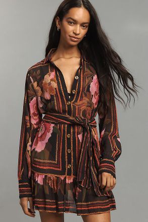 Farm Rio Chenille Flowers Long-Sleeve Belted Mini Shirt Dress