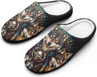 Generic Wolf And Dreamcatcher1 Mens Cozy Cotton Slippers with Memory Foam Lightweight Anti-skid House Shoes for Indoor Outdoor