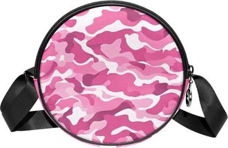Generic Circle Crossbody Bag for Women, Pink Camouflage Small Sling Bag Daypack with Zipper Adjustable Shoulder Straps Casual Ladies Girls Round Purse