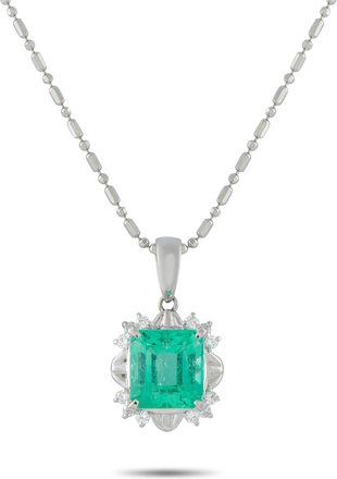Luxury Bazaar Platinum 0.16ct Diamond and Emerald Pendant Necklace MF256-041426
