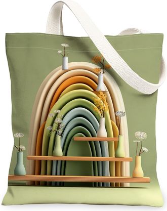 Generic Modern Canvas Tote Bags, Colorful Vases Pattern Reusable Grocery Bags, Lightweight Washable Shoulder Strap for Travel Beach, Green, 13x15 Inch