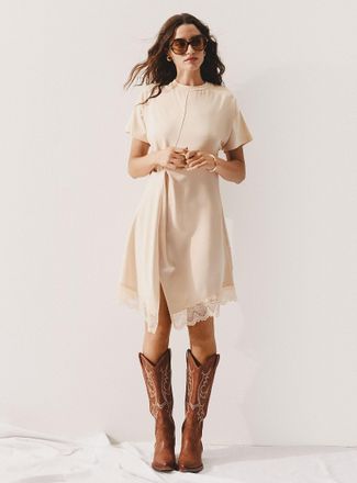 Icone Womens Lace-hem draped mixed-media T-shirt dress