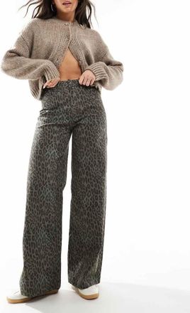 Object Jeans a fondo super ampio verdi con stampa leopardata-Verde