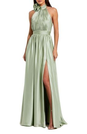 Mac Duggal Soft Tie Halter Neck High Slit Gown in Sage at Nordstrom, Size 10