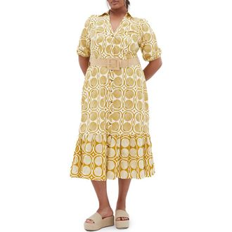 City Chic Anna Border Print Belted Cotton Maxi Dress in Seashells at Nordstrom Rack, Size Xs/14W