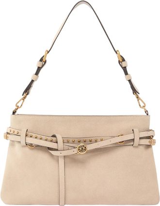 Pinko Structured Beige Suede Shoulder Bag