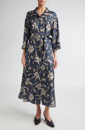 Max Mara Peonia Print Silk Twill Shirtdress in Midnight Blue at Nordstrom, Size 16