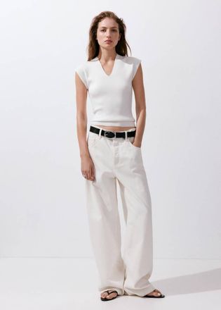 Mango Top maglia sottile collo a V bianco - Donna - XXS - MANGO