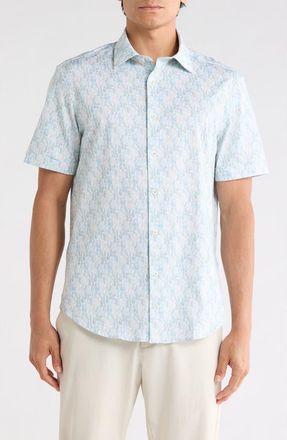 Bugatchi Short Sleeve Stretch Cotton Button-Up Shirt in Menthol at Nordstrom Rack, Size Xxx-Large