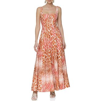 Avec Les Filles Mixed Animal Print Paneled Linen Blend Maxi Dress in Tabloid Animal Neutral at Nordstrom Rack, Size 8