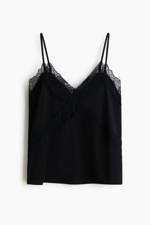 H&M Lace-trimmed Ponte-di-roma Strappy Top in Black at Nordstrom, Size X-Large