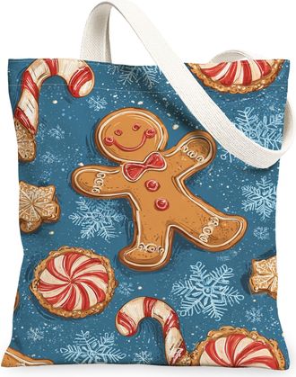 Generic Gingerbread Canvas Tote Bags, Cute Biscuits Design Reusable Shopping Bags, Festive Lightweight Washable Shoulder Strap for Travel Beach Picnic 13x15 I