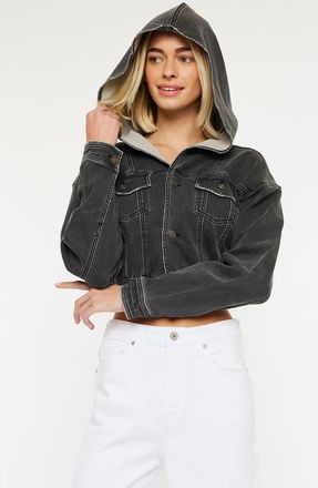 Kancan Andie Cropped Hooded Denim Jacket in Black Charcoal at Nordstrom, Size X-Large