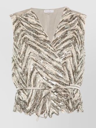 Brunello Cucinelli sleeveless v neck cardigan sequin tie waist