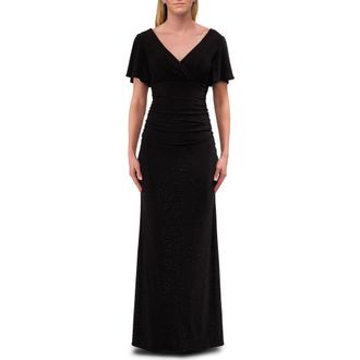 La Femme Flutter Sleeve Rhinestone Embellished Evening Dress in Black at Nordstrom, Size 18