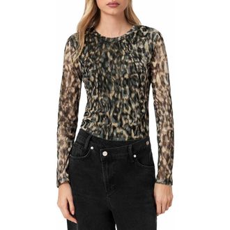 AllSaints Ellie Floral Long Sleeve Mesh T-Shirt in Leppo Brown at Nordstrom, Size 10 Us