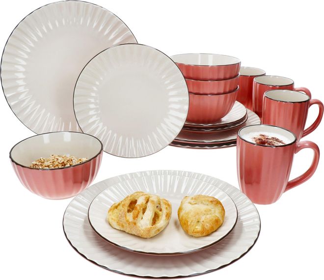 Mäser OSITA Rose-Weiß 16tlg Kombiservice für 4 Personen I rosa & cremefarbenes Steingut-Geschirrset mit je 4X Kaffeebechern 300ml, Schalen 450ml, Kuchentell ab 39,99 €
