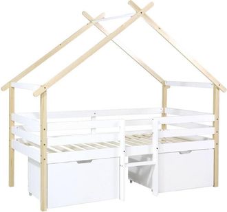 Sweeek Kids bed 90 x 190 cm pine wood slatted base included and 2 drawers, Sienna, White, 212x102x188.5 cm