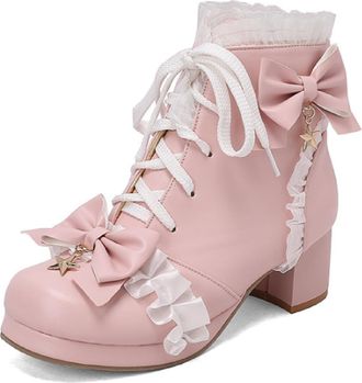 Generic Womens Round Toe PU Leather Ankle Boots Bow Pearl Chain Lace Up Ruffled Lace Trim Block Heels Soft Lining Cushioned Insole Durable Outsole,Pink,9.5 UK