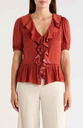 T Tahari Puff Sleeve Ruffle Peplum Top in Rust at Nordstrom Rack, Size X-Small