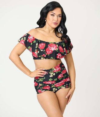 Unique Vintage Ruffled Ramona Swim Top in Black Cabbage Rose Print at Nordstrom, Size X-Large