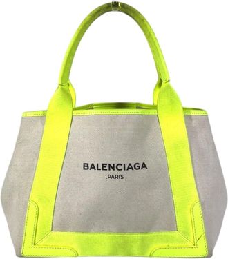 Balenciaga White Yellow Leather Canvas Handbag Tote Bag (Pre-Owned)